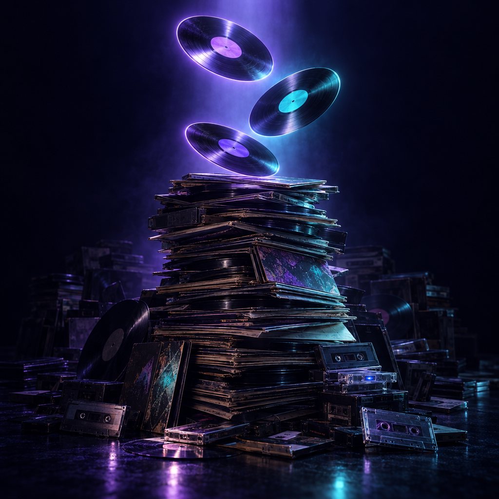 A beam of violet light lifting three glowing records out of a dark stack