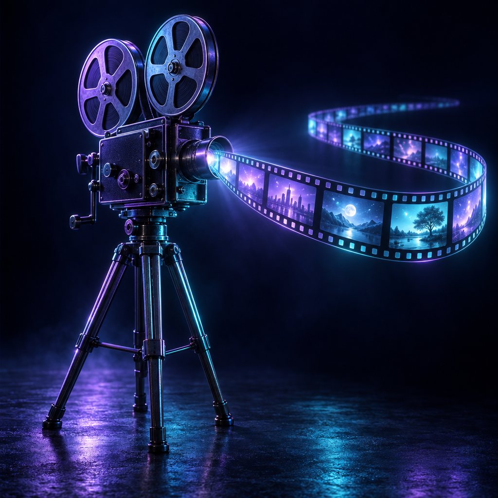 A cinema camera projecting one continuous glowing ribbon of film