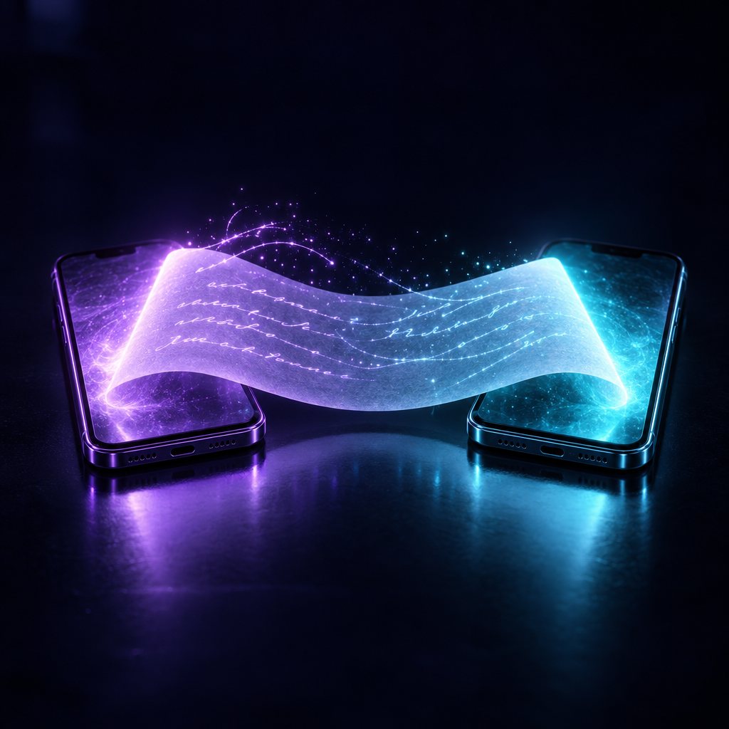 Two phones side by side sharing one glowing page of notes